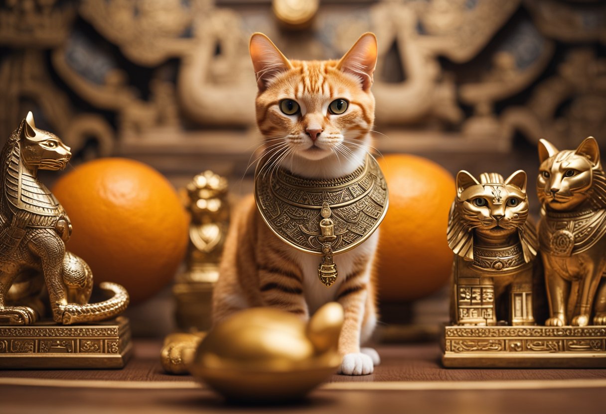 An orange female cat surrounded by cultural and mythological symbols, such as Egyptian hieroglyphs, Greek statues, and Asian dragon motifs