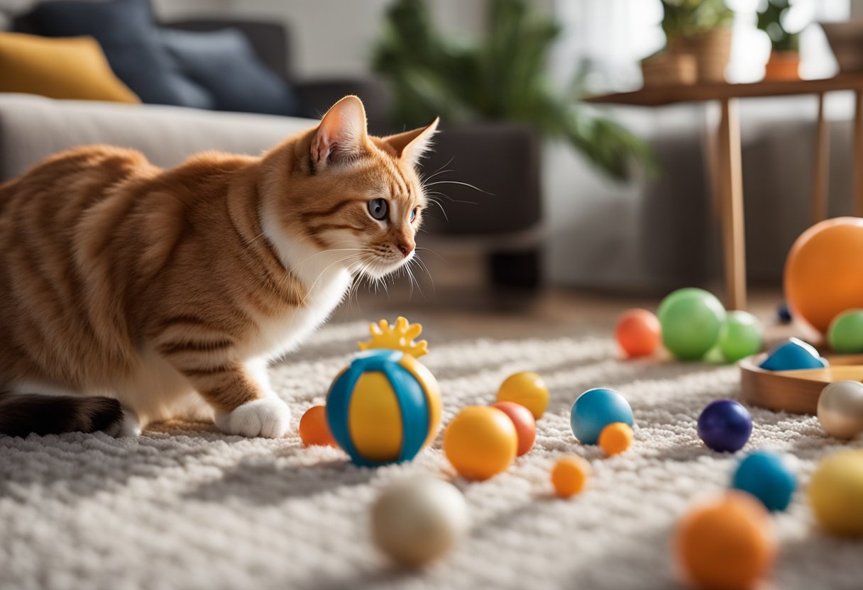 Cats playing with various interactive toys, such as balls, wands, and puzzle feeders, in a cozy living room setting