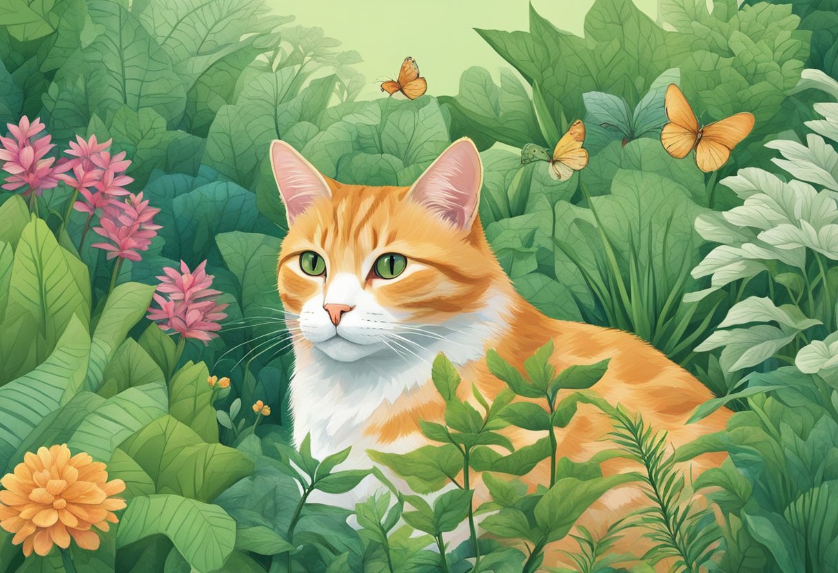 A ginger cat sits in a lush green garden, surrounded by diverse flora. Map outlines show its global distribution