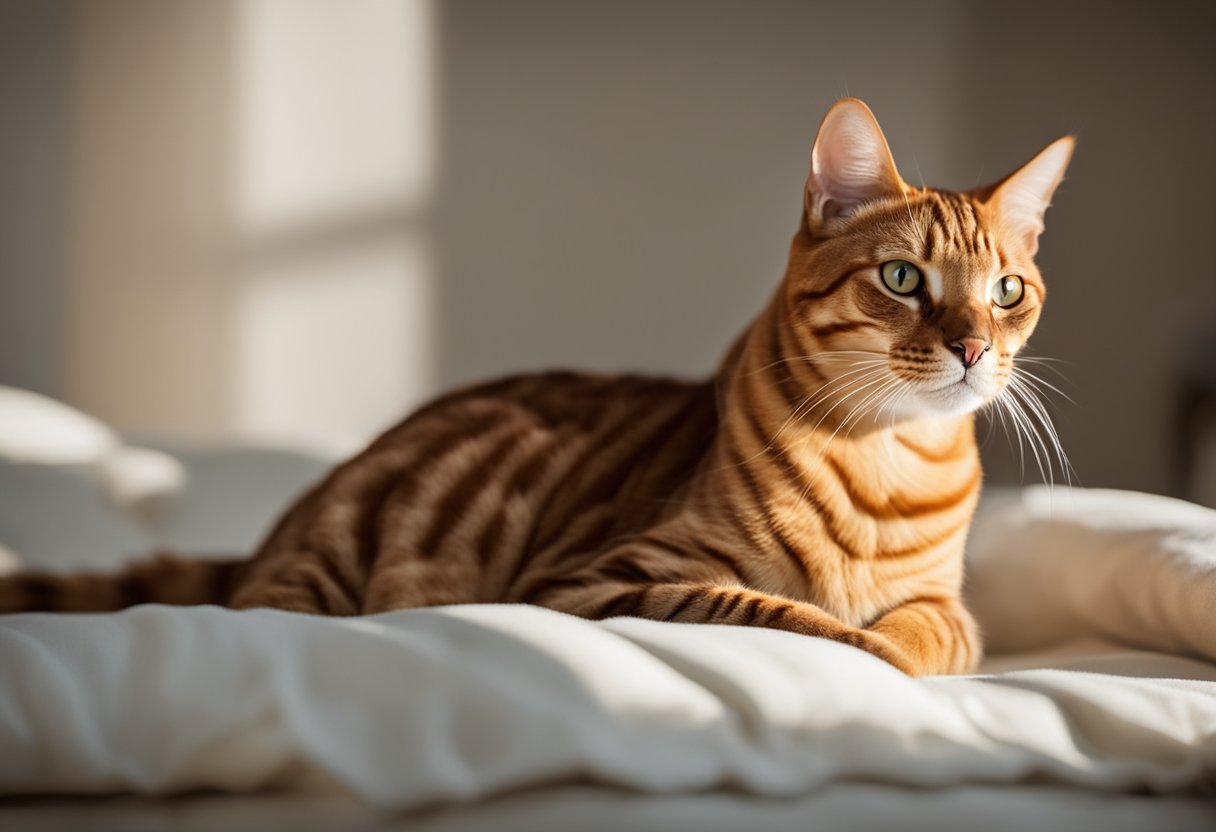 An orange bengal cat lounges on a soft bed, bathed in sunlight, with a serene expression and a shiny, well-groomed coat