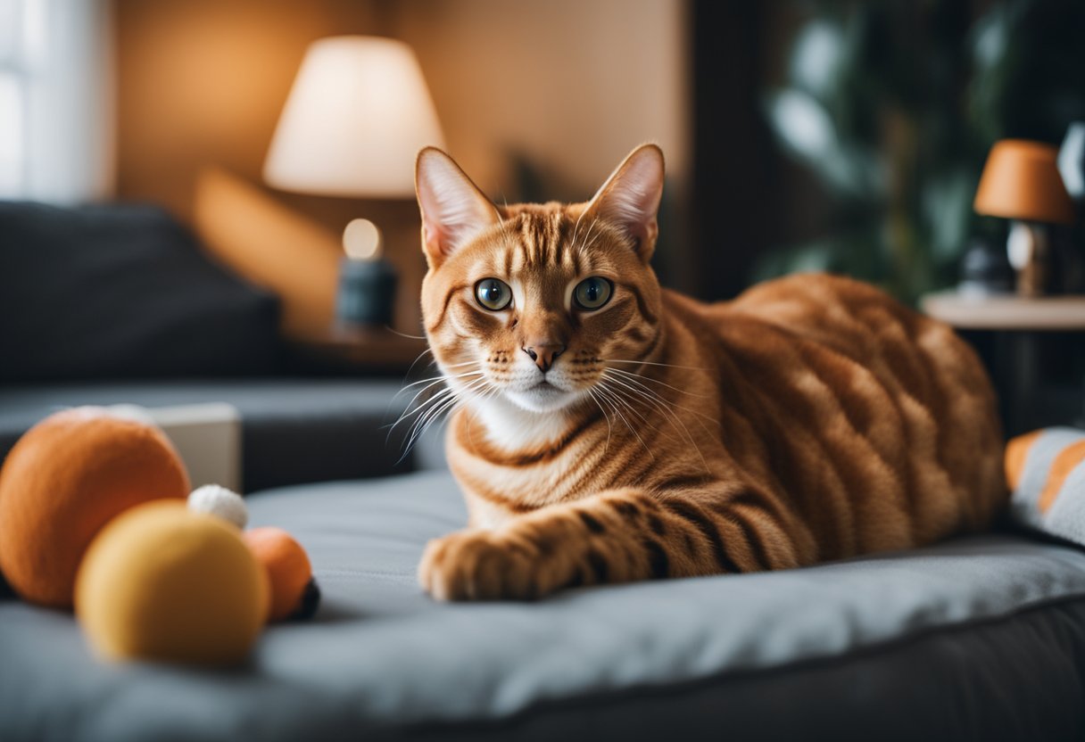 An orange Bengal cat sits proudly in a cozy home, surrounded by toys and a comfortable bed, displaying a sense of ownership and contentment