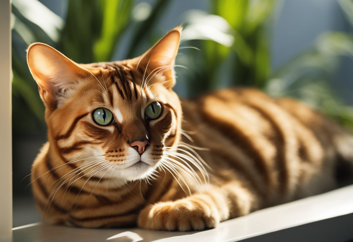 An orange bengal cat with black stripes lounges on a sunlit windowsill, its piercing green eyes gazing out at the world