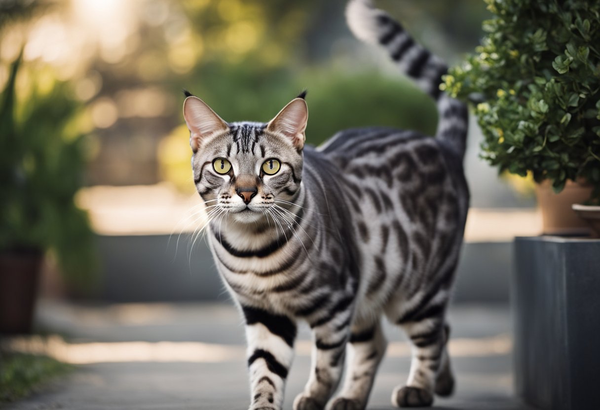 A silver Bengal cat prowls with confidence, tail held high and eyes alert. Its sleek fur shimmers in the sunlight, displaying its regal temperament and graceful behavior