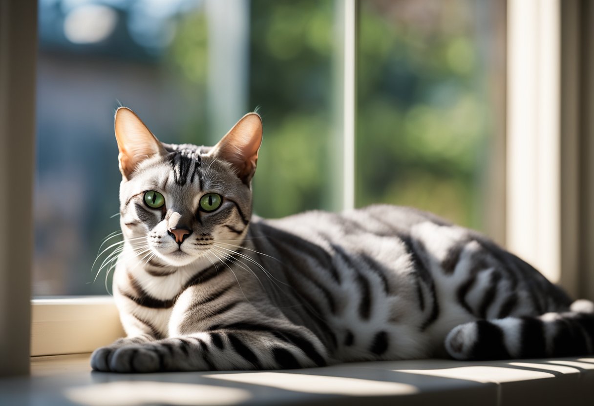 A sleek silver Bengal cat lounges on a sun-drenched windowsill, its vibrant green eyes gazing out at the world with an air of regal elegance