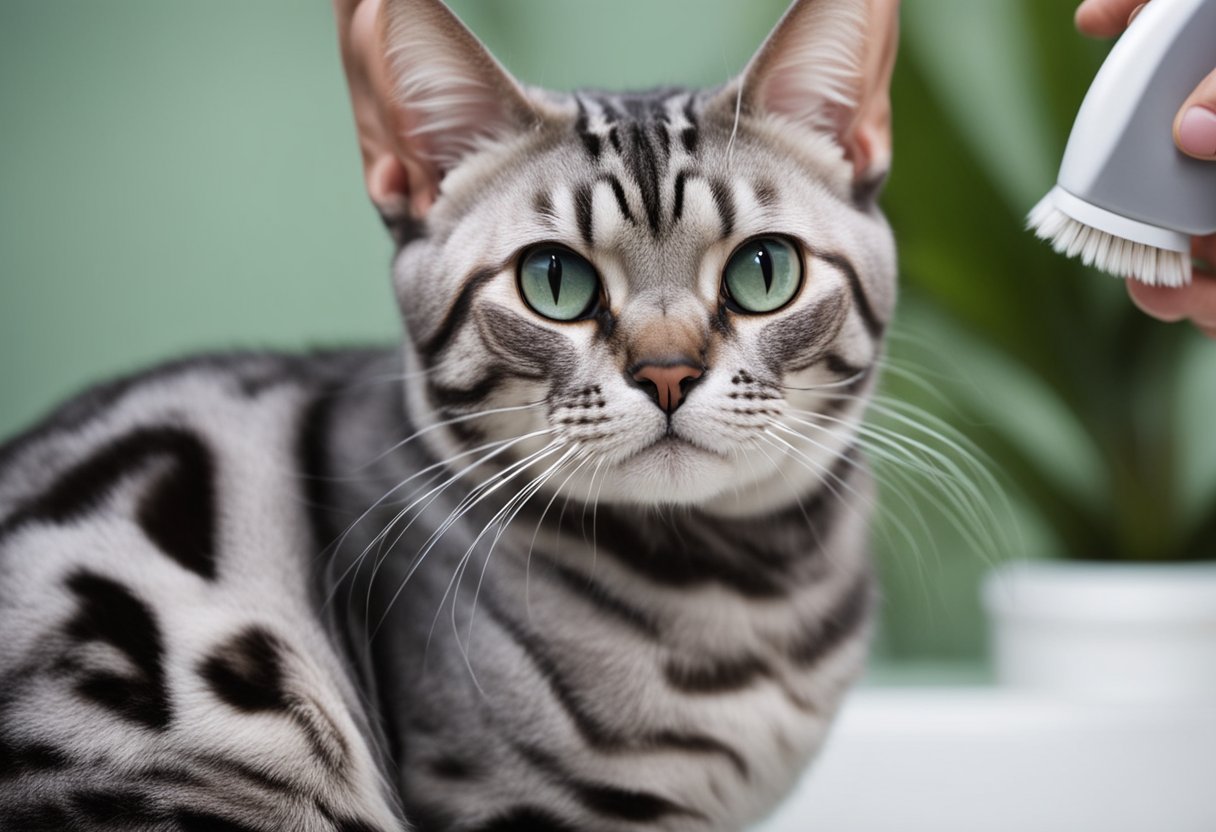 A silver Bengal cat being groomed and maintained