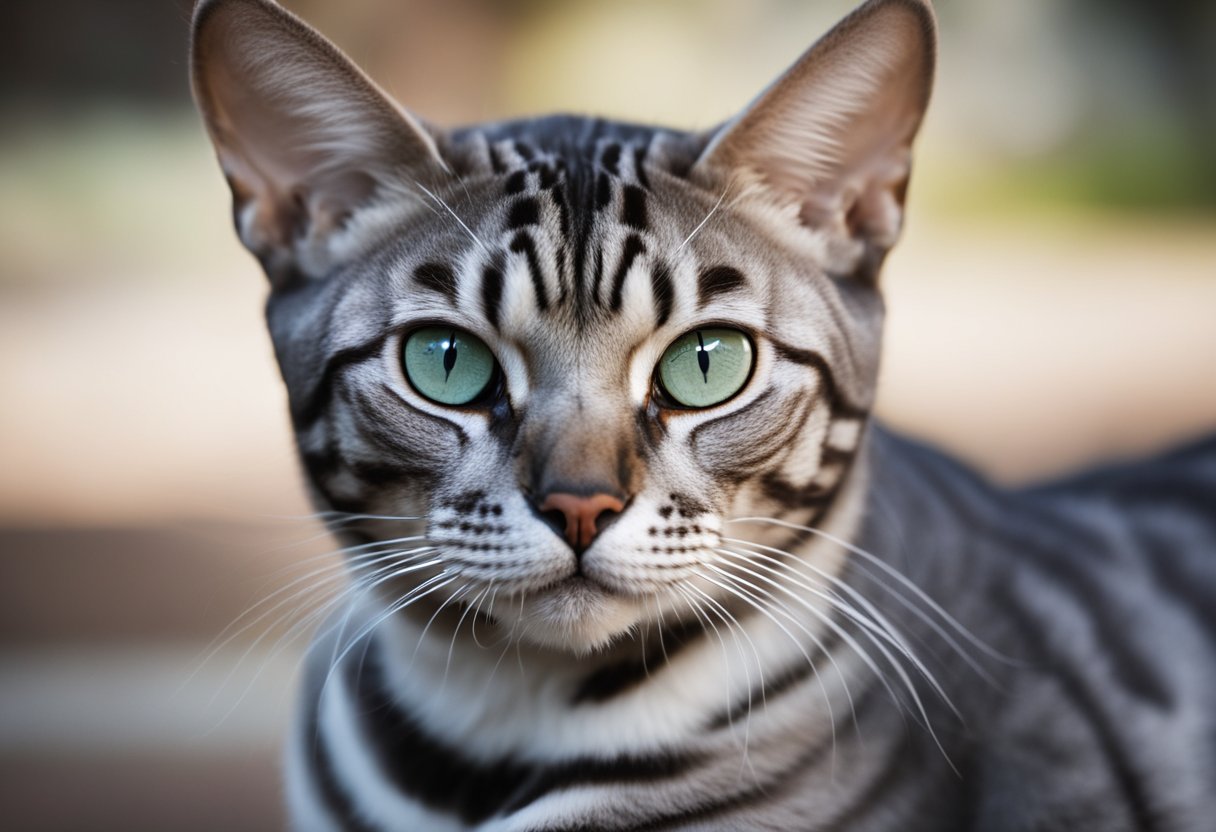 A silver Bengal cat with distinct markings sits proudly, showcasing its sleek coat and muscular build, exuding an air of elegance and grace