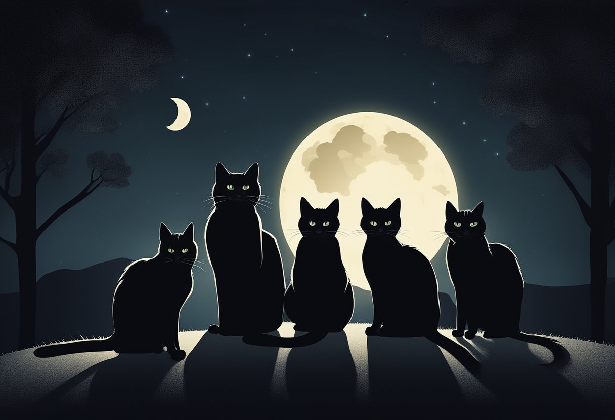 A group of black cats gather under a full moon, their eyes gleaming in the darkness as they playfully chase each other through the shadows