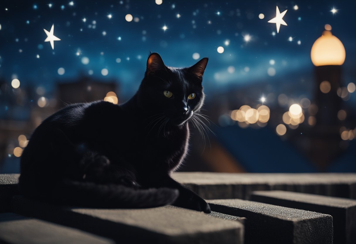 A black cat lounges on a moonlit rooftop, surrounded by mystical symbols and shimmering stars