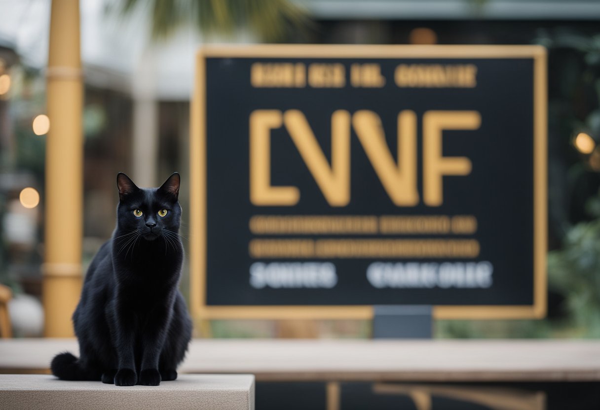 A black cat sits in front of a sign with various name options. The cat looks contemplative, surrounded by a cozy and welcoming atmosphere