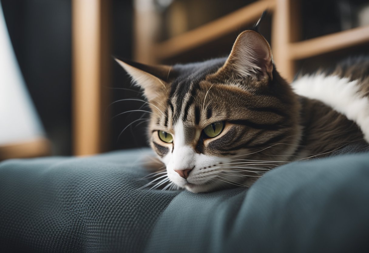 The male cat lies in a comfortable spot, grooming himself and napping. He moves slowly and may be less active than usual, showing signs of grogginess or discomfort