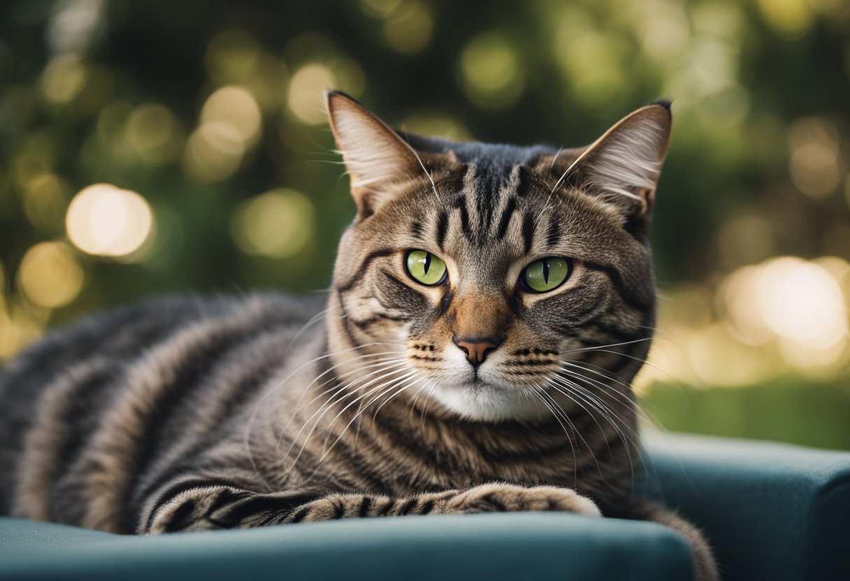 A male cat lounges contentedly after neutering, showing reduced aggression and territorial marking. His demeanor is calm and relaxed, with no signs of mating behavior