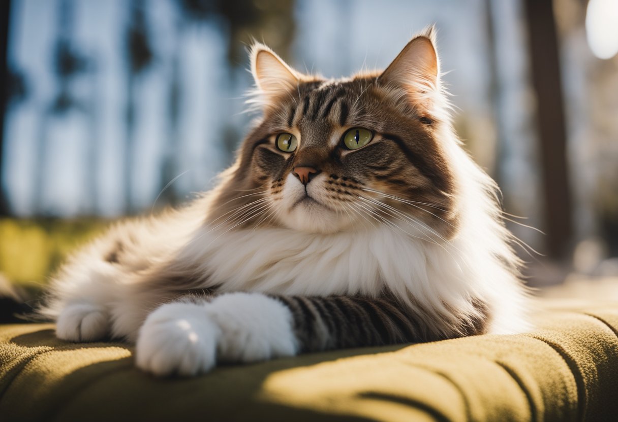 A content male cat lounges in a sunny spot, grooming himself with a relaxed demeanor after being neutered