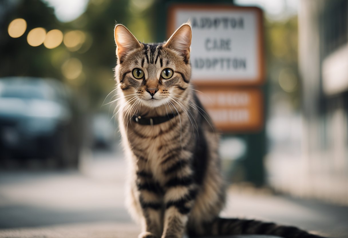 A stray cat approaches a sign with options for adoption and care