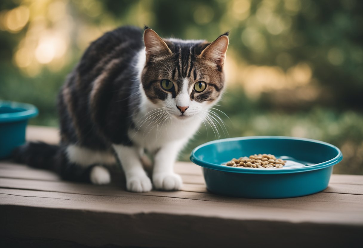 A stray cat being offered food and water in a cozy shelter