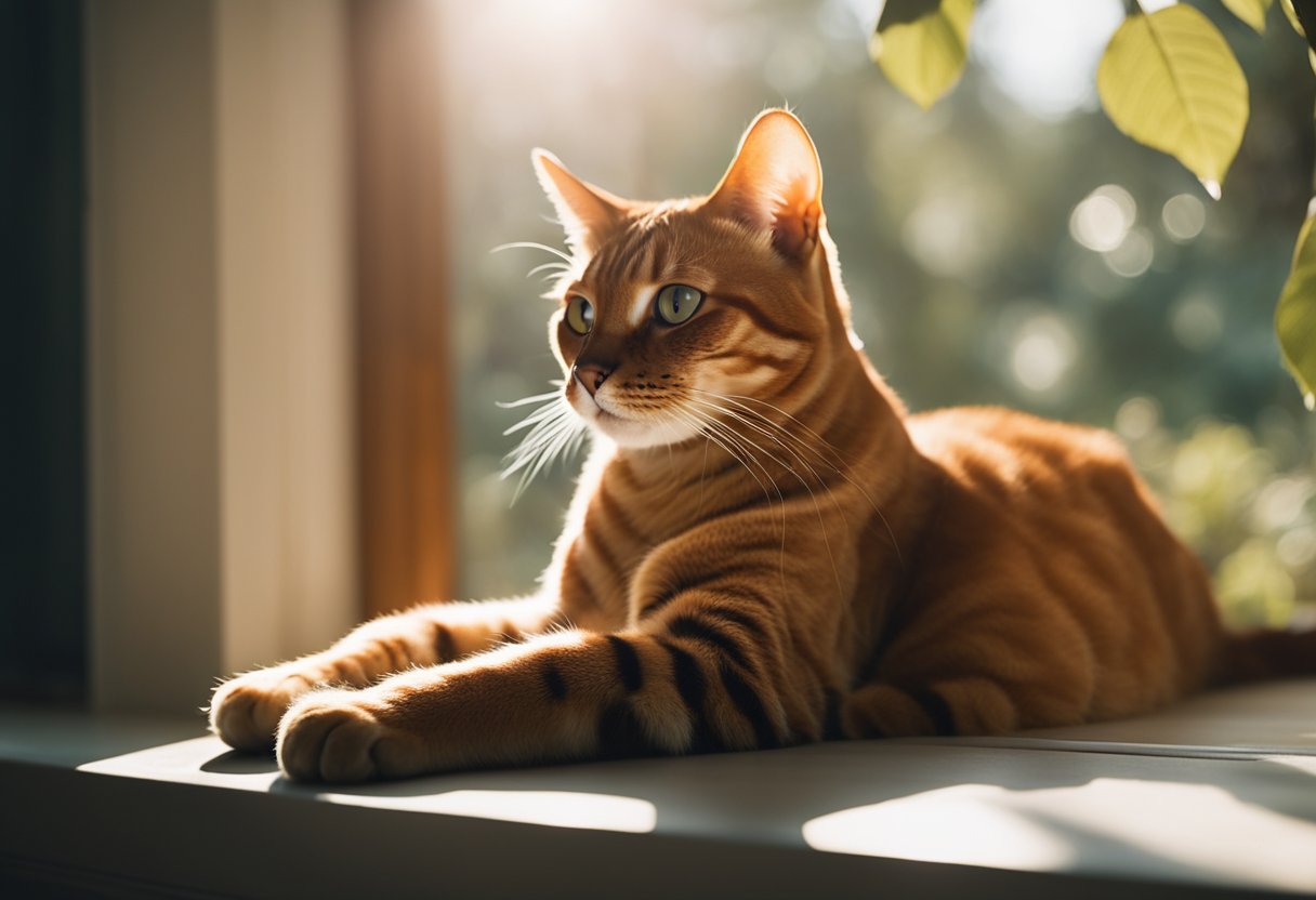 An orange bengal cat lounges on a sunlit windowsill, gazing out at the world with bright, curious eyes