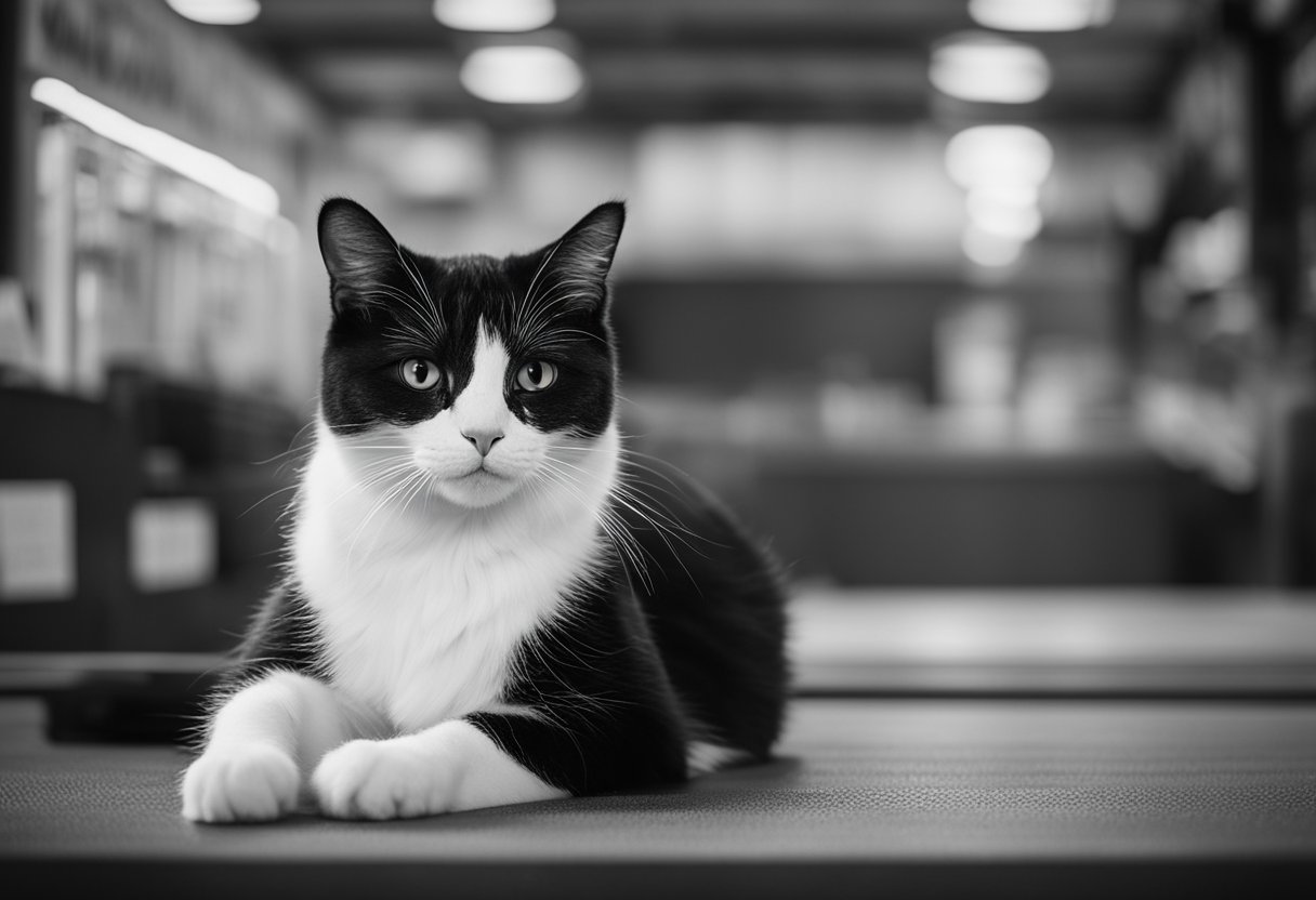 A black and white cat sitting next to a sign with popular cat names like Oreo, Midnight, Panda, and Domino