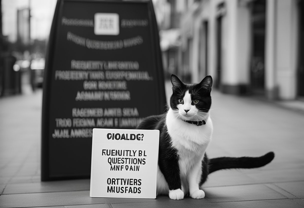 A black and white cat sits next to a sign that reads "Frequently Asked Questions" with a list of names underneath