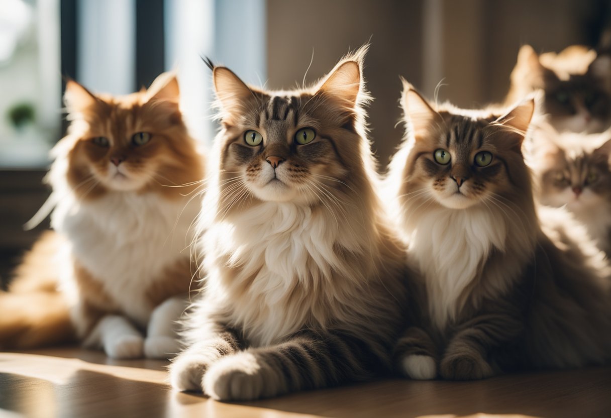 Several fluffy cat breeds lounging in a sunlit room, their soft fur illuminated and their contented expressions captured