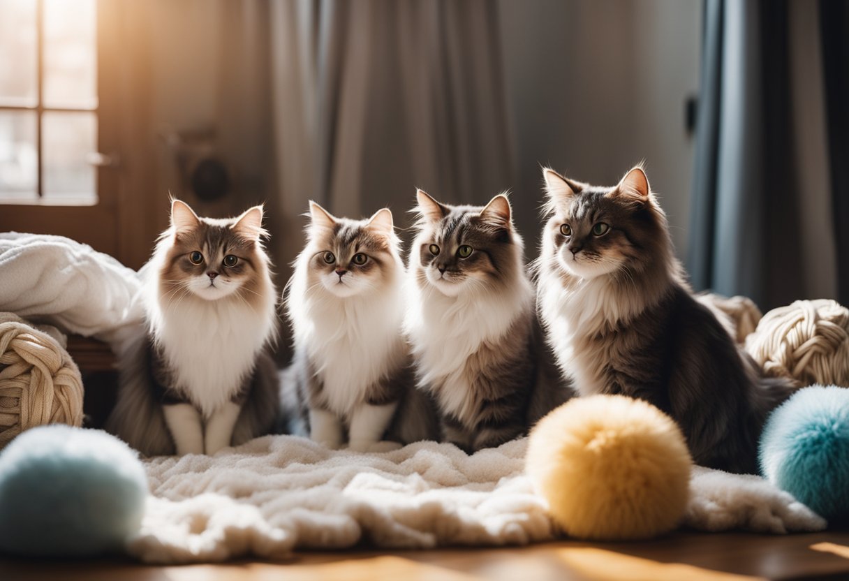 Several fluffy cat breeds being groomed and pampered in a cozy, sunlit room with soft blankets and toys scattered around