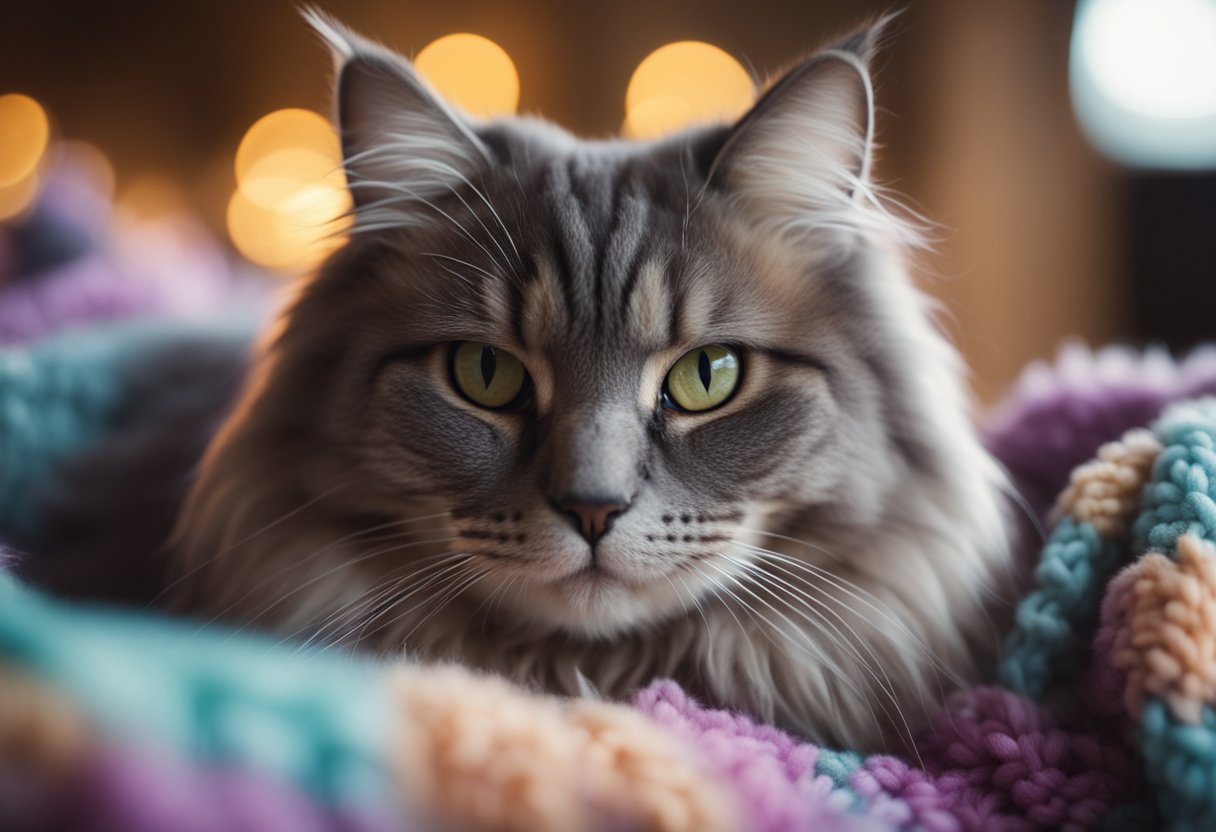 Several fluffy cat breeds lounging on a cozy blanket, with soft fur and vibrant colors