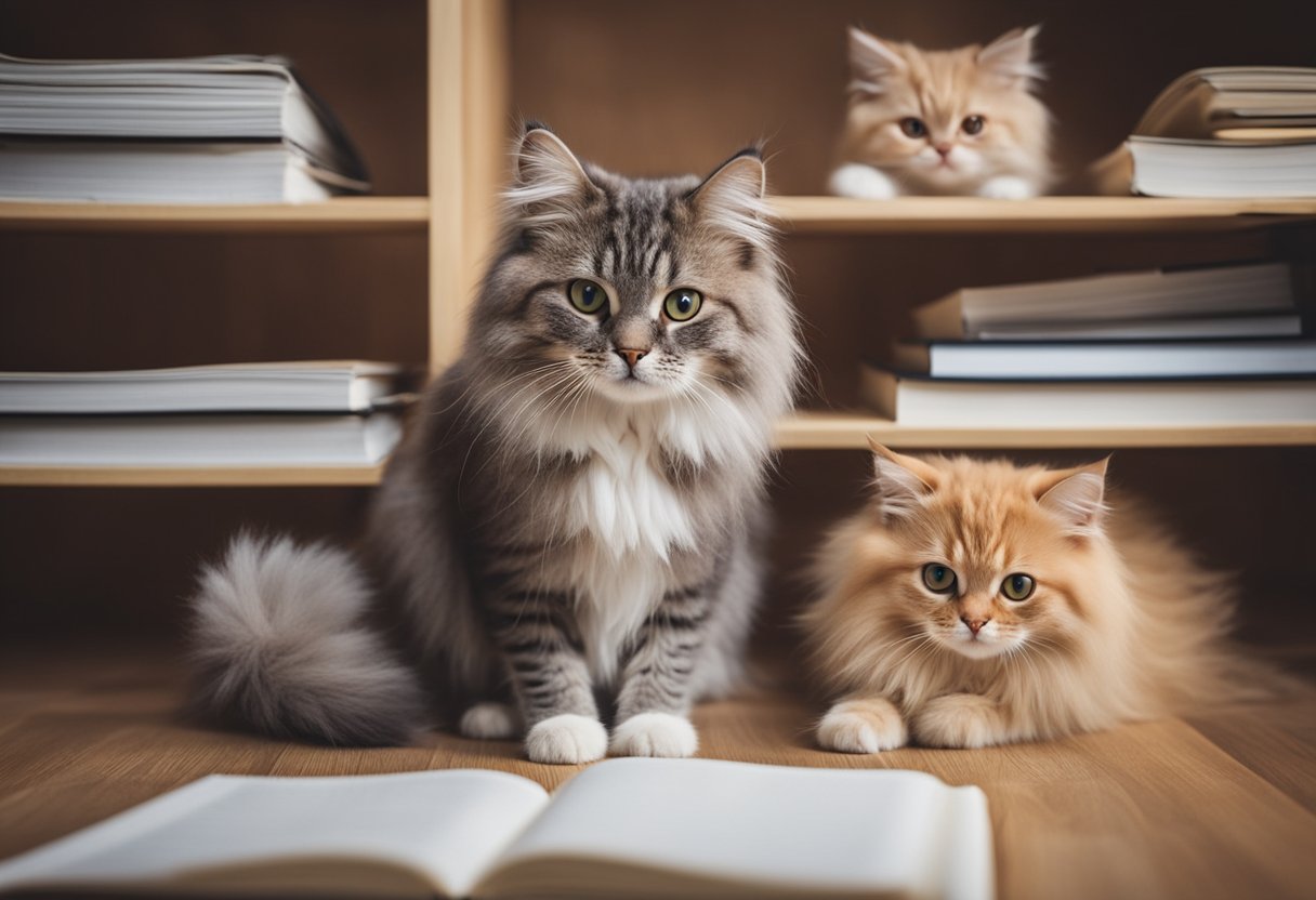 A group of fluffy cat breeds gather around a registry and standards book, comparing their features