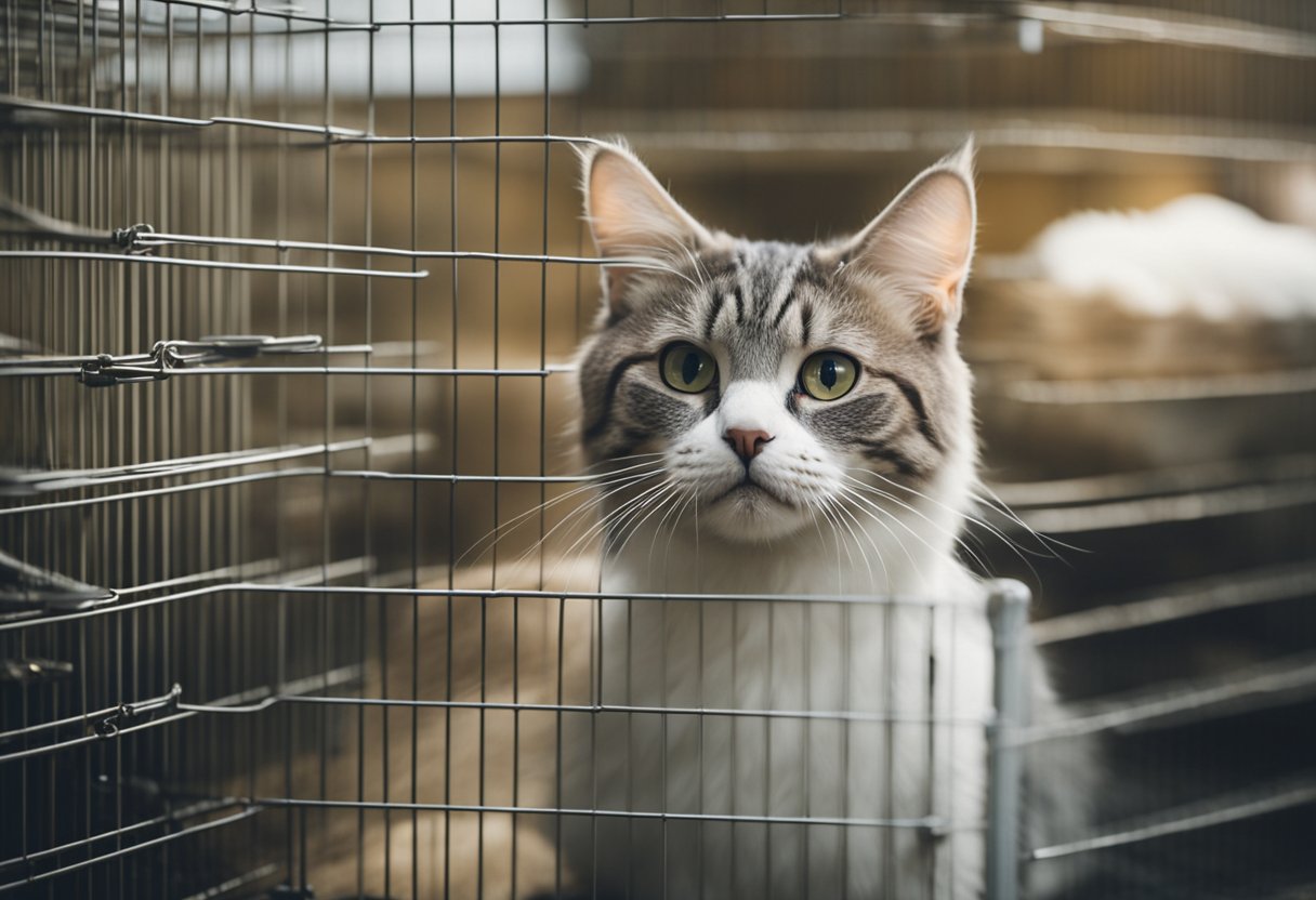 A variety of fluffy cat breeds sit in cages at an animal shelter, while potential adopters and buyers look on with interest and curiosity