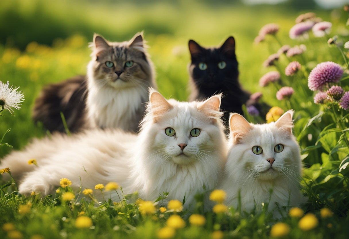 A group of rare fluffy cat breeds lounging in a lush, green meadow, with vibrant flowers and butterflies fluttering around them